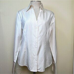 NWT TRACY M. Striped White & Black Silk V-Neck Button-Down Shirt Size Large
